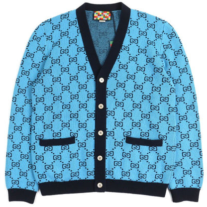 Gucci 2020 661156 Wool Cotton GG Pattern V-neck Logo Button Knit Cardigan Blue