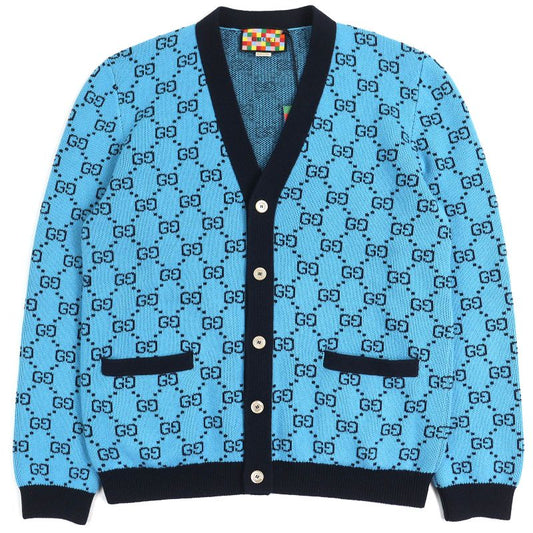 Gucci 2020 661156 Wool Cotton GG Pattern V-neck Logo Button Knit Cardigan Blue
