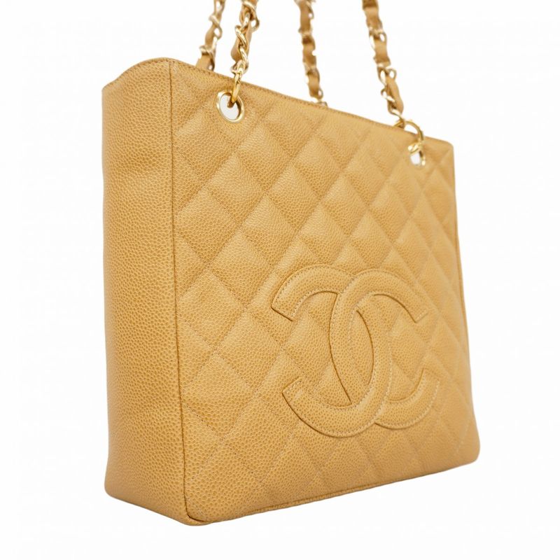 Chanel Shoulder Bag Matelasse Caviar Skin Beige Gold Hardware Women