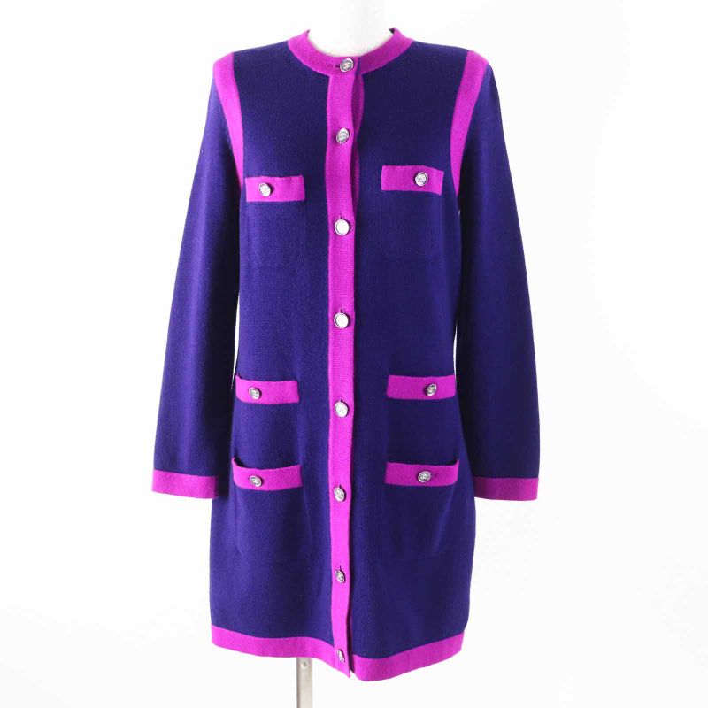 CHANEL 23AW P75656 100% Cashmere Bicolor Long Knit Cardigan With Rhinestone