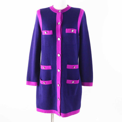 CHANEL 23AW P75656 100% Cashmere Bicolor Long Knit Cardigan With Rhinestone