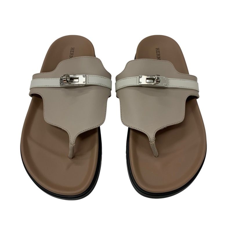 Hermes Empeel Sandals Shoes Leather Brown White Unused Kelly Hardware Mule Flat