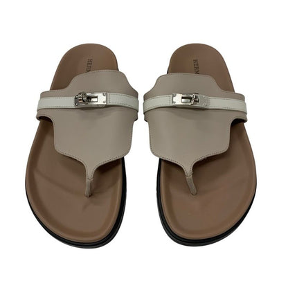 Hermes Empeel Sandals Shoes Leather Brown White Unused Kelly Hardware Mule Flat