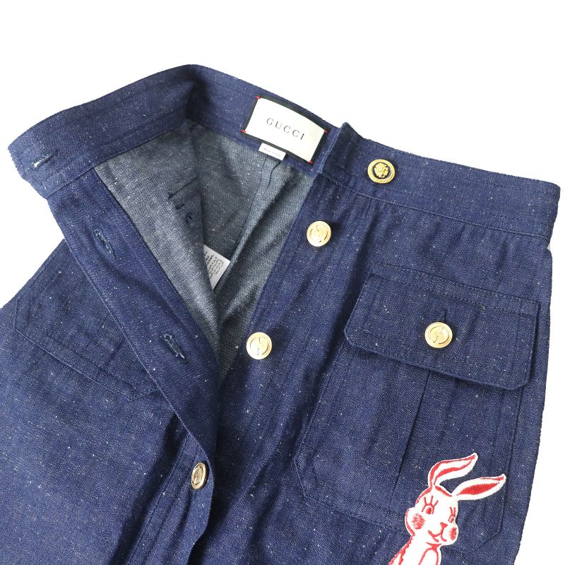Gucci 521009) 100% Cotton Webline GG Logo Button Rabbit Embroidered Denim