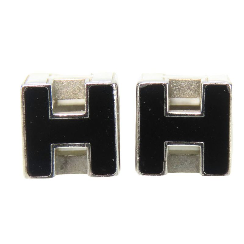 Hermes Earrings Cage De Assches H Cube Metal Black Silver Plated Accessories