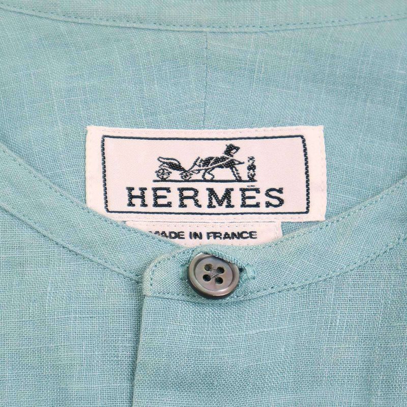 Hermes 22ss Linen Band Collar Shirt Turquoise Blue 38