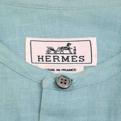 Hermes 22ss Linen Band Collar Shirt Turquoise Blue 38