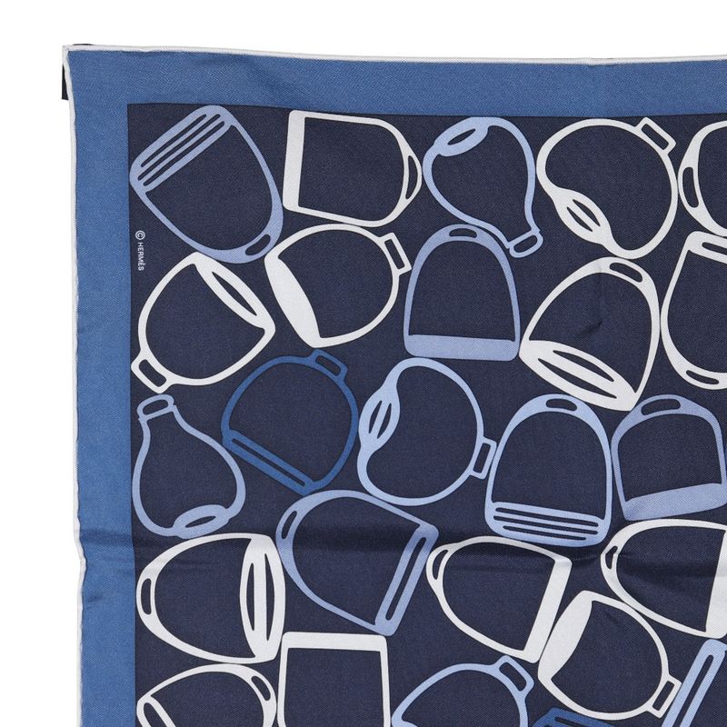 Hermes Pochette A Voût Etrier Silk Navy Blue Unisex Scarf