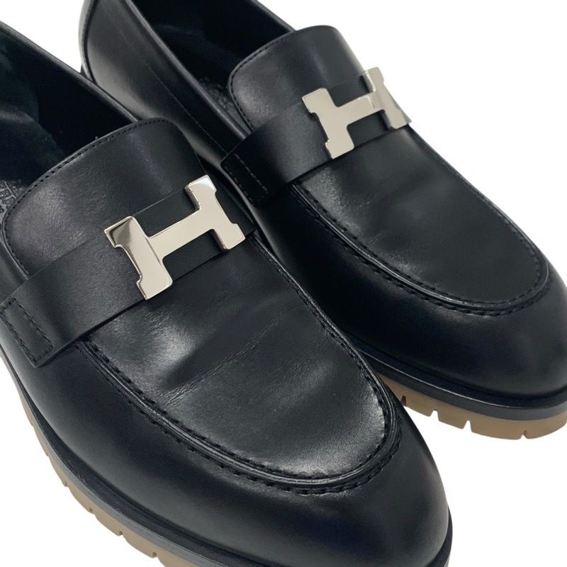 Hermes Faubourg Loafer Leather Shoes Leather Black Silver Hhardware Moccasin