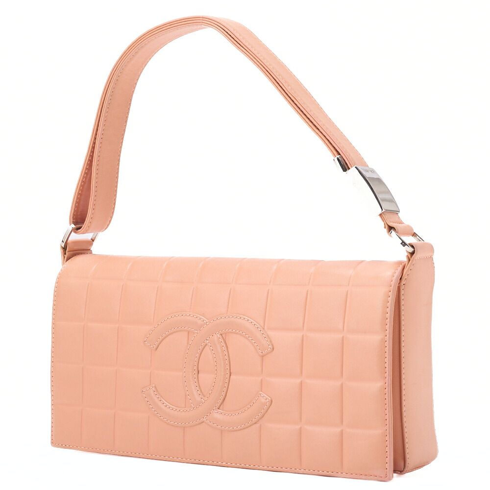 Chanel One Shoulder Bag Choco Bar Coco Mark Lambskin Salmon Pink With Silver