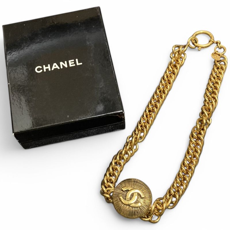 Chanel ⑤ 3811 70s~80s Vintage Thick Chain Choker Necklace Ladies Gold