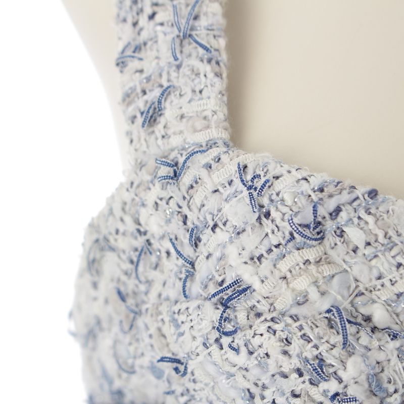 Chanel Circle Cut Out Rhinestone Tweed Mini Sleeveless Dress P60222 Blue 40