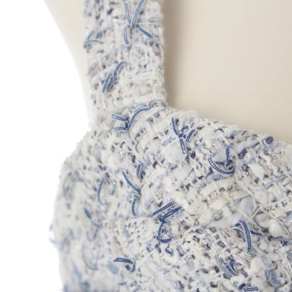 Chanel Circle Cut Out Rhinestone Tweed Mini Sleeveless Dress P60222 Blue 40