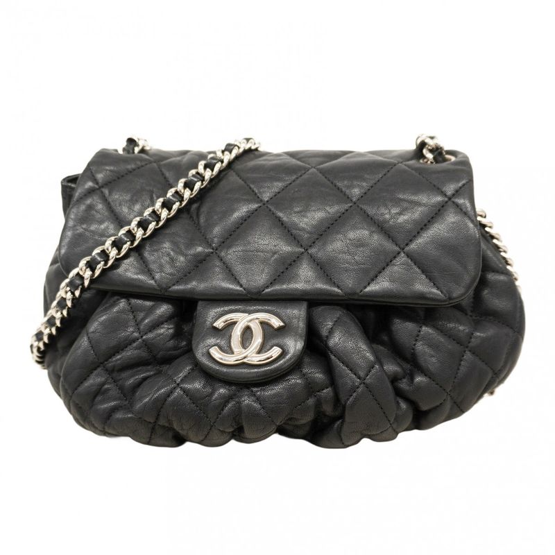 Chanel Shoulder Bag Matelasse Lambskin Black Silver Hardware Women