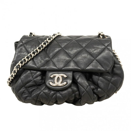 Chanel Shoulder Bag Matelasse Lambskin Black Silver Hardware Women