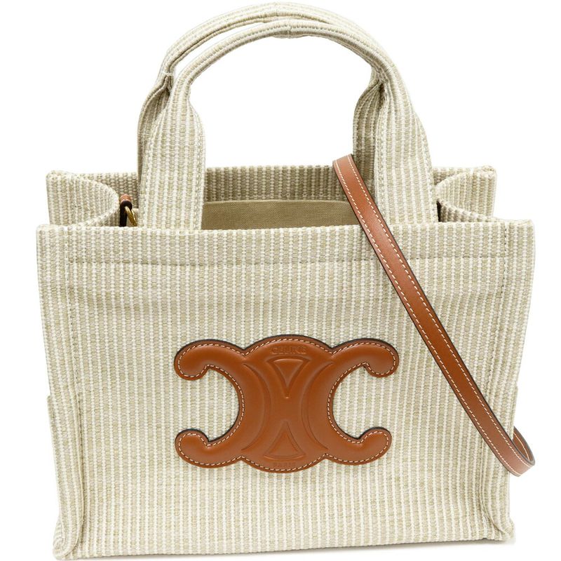 Celine Hand Tote Shoulder Bag Small Cabas Tais Canvas X Calfskin Beige X Ivory