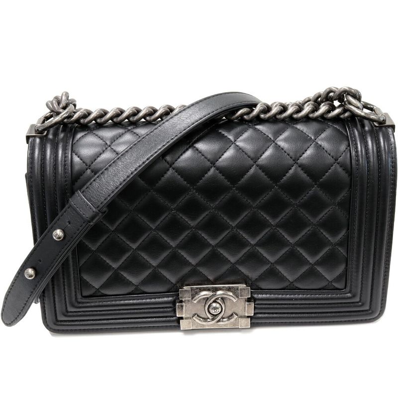 Chanel Shoulder Bag Boy Chanel Chain Shoulder Bag Lambskin Black Antique Silver