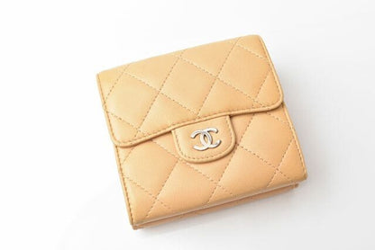 Chanel Wallet Chanel 3 Fold Wallet A82288 Lambskin Beige Silver Hardware