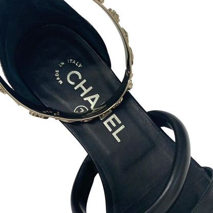 Chanel Sandals Shoes Leather Black Gold Coco Mark Icon Metal Strap Matelasse