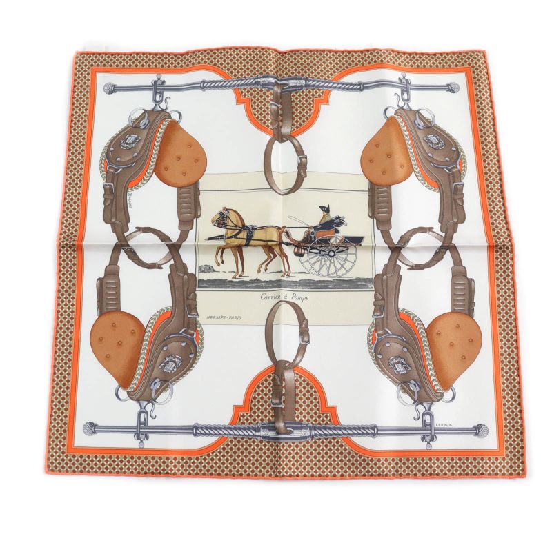 Hermes 25SS Gavroche Twill Caric-a-pomp 100% Silk Blanc/orange/brun Scarf With