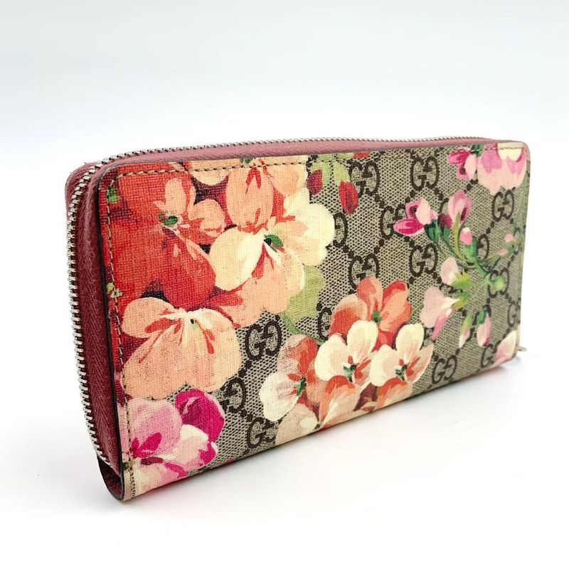 Gucci GG Blooms Round Zipper Leather X PVC Beige Wallet Silver