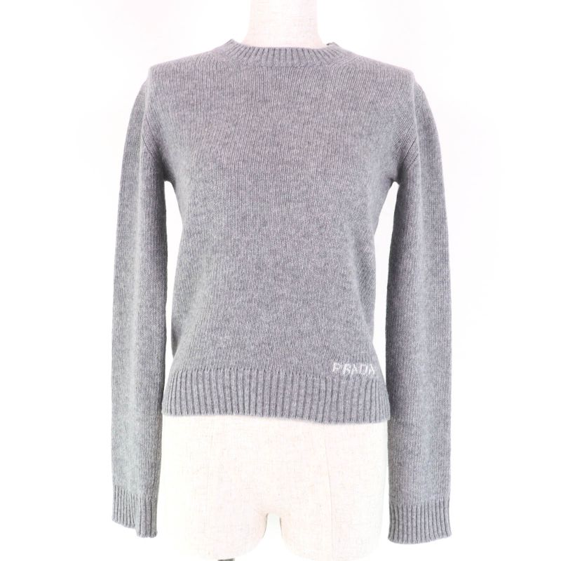 Prada 2021 P24m2h Virgin Wool Cashmere Blend Logo Design Long Sleeve Knit Top