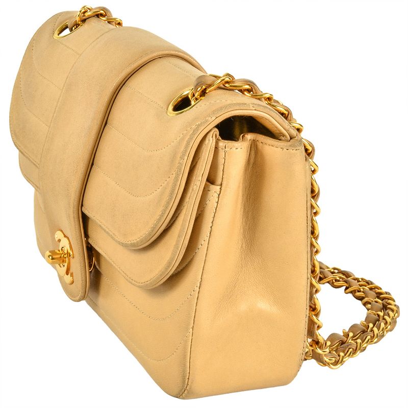 Chanel W Flap Chain Shoulder Bag Lambskin Beige Gold Hardware Coco Mark