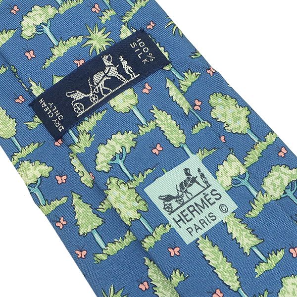 Hermes Tie Botanical Pattern 9cm (3.54in) Silk Blue and Light Green Blue