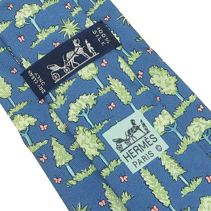 Hermes Tie Botanical Pattern 9cm (3.54in) Silk Blue and Light Green Blue