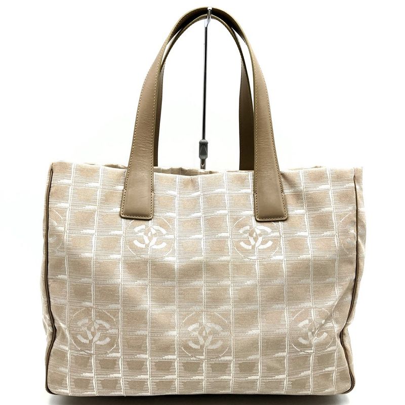 Chanel New Travel Line MM Tote Bag Handbag Nylon Leather Beige Ladies Men