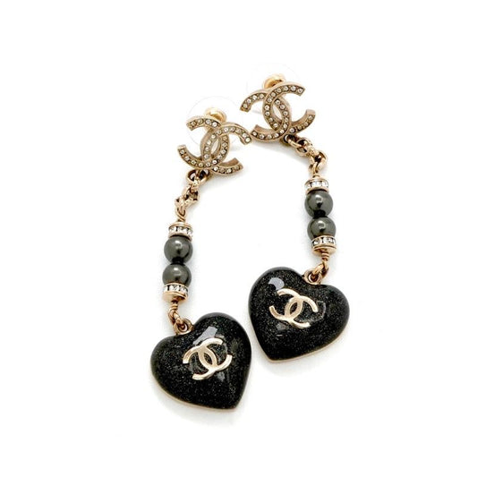 Chanel Earrings Earring Gold Black Coco Mark Heart Rhinestone