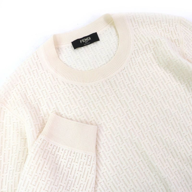 Fendi 2023 Fzx091 AQL3 Wool Zucca Openwork Crewneck Long Sleeve Knit Sweater