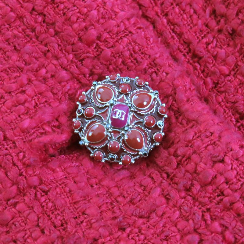 CHANEL P44003/p44008 Coco Button Cotton Tweed Jacket Skirt Setup Red 36 Made In