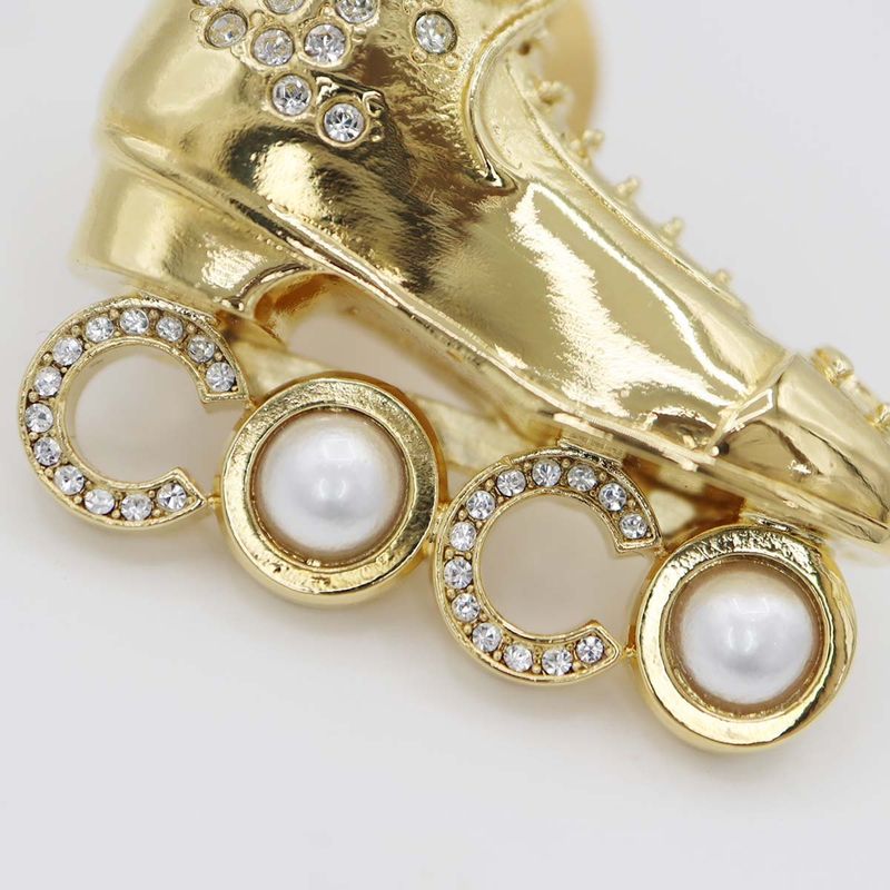 Chanel Roller Skate Brooch F24 COCO Mark Faux Pearl Rhinestone Gold Color H18043