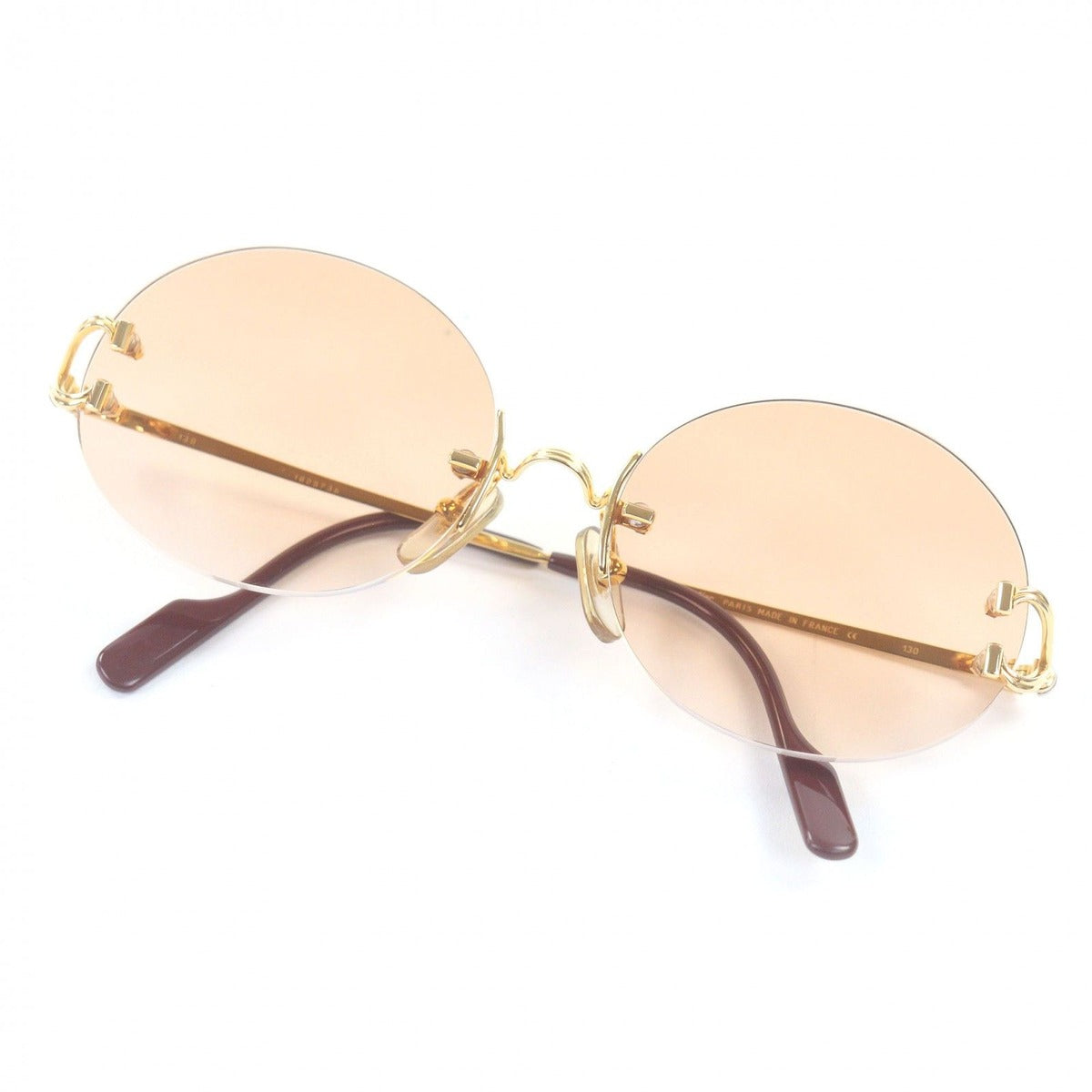 Cartier Vintage Oval Rimless Two-point Sunglasses Gold Bordeaux Brown Lenses