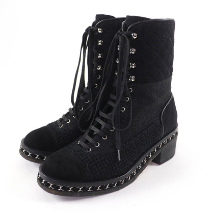 Chanel Suede Leather CC Logo Quilted Combat Boots Short
