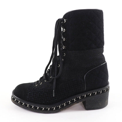 Chanel Suede Leather CC Logo Quilted Combat Boots Short — view 4