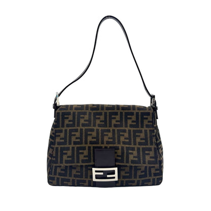 Fendi Zucca Mamma Bucket Leather Canvas Brown Handbag Silver