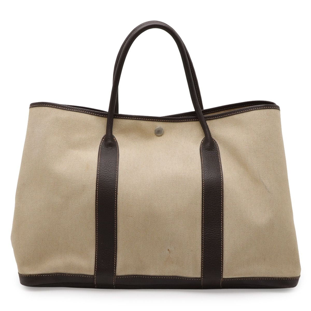 Hermes Garden Party MM Tote Bag Shoulder Toile H Leather Beige Dark Brown