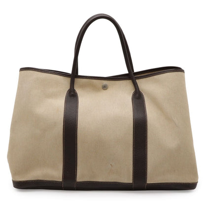 Hermes Garden Party MM Tote Bag Shoulder Toile H Leather Beige Dark Brown