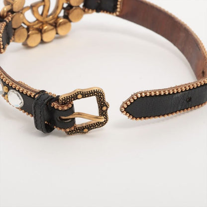 Gucci Double G Leather × Rhinestone × GP Bracelet Gold Made In Italy