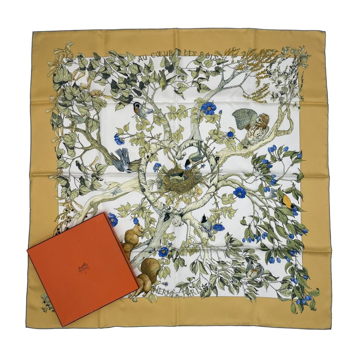 Hermes Carre 90 Scarf AU Coeur Des Bois in the Forest 100% Silk Yellow