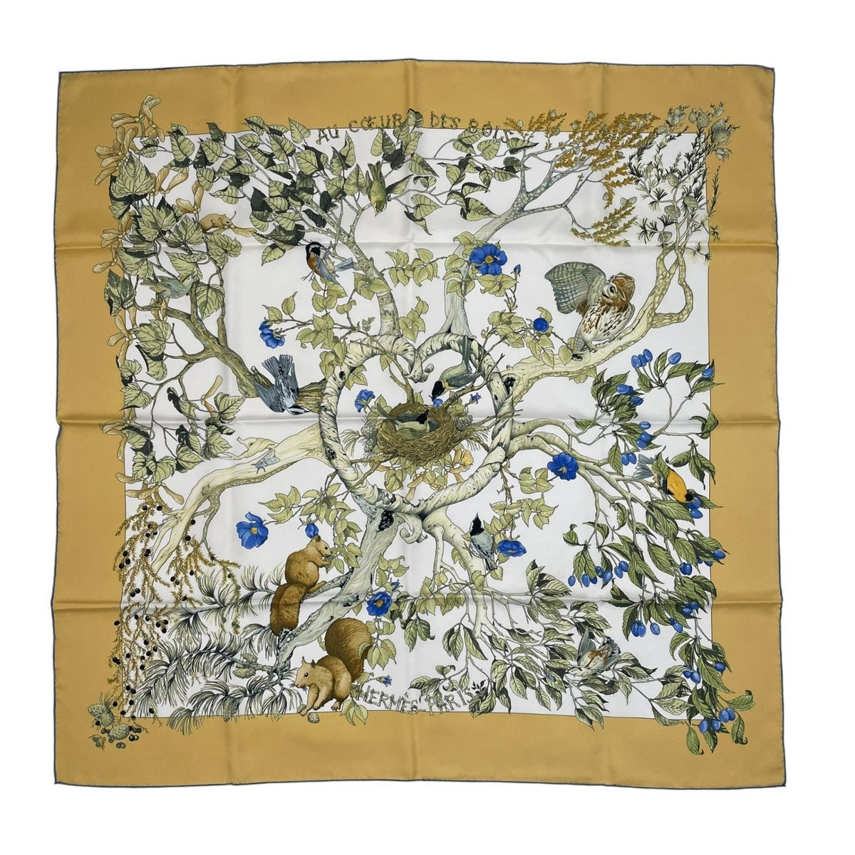 Hermes Carre 90 Scarf AU Coeur Des Bois in the Forest 100% Silk Yellow — view 2