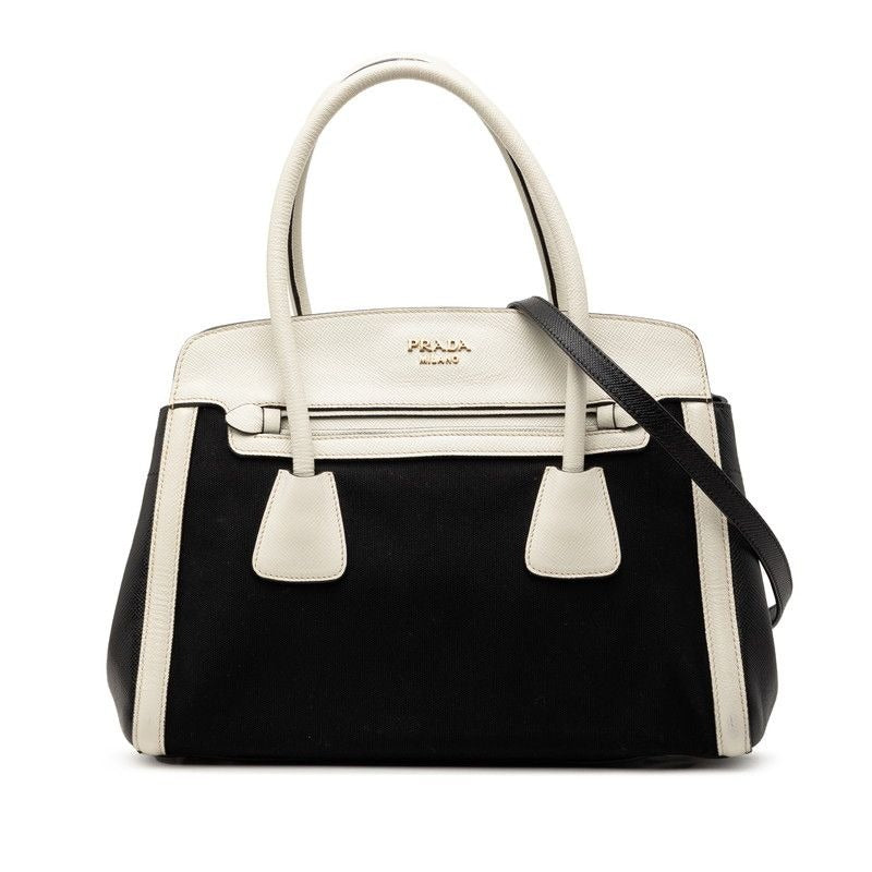 Prada Shoulder Tote Handbag 2-Way Black White Canvas Saffiano Leather