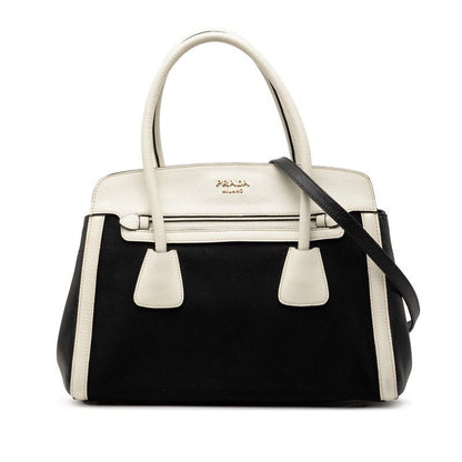 Prada Shoulder Tote Handbag 2-Way Black White Canvas Saffiano Leather