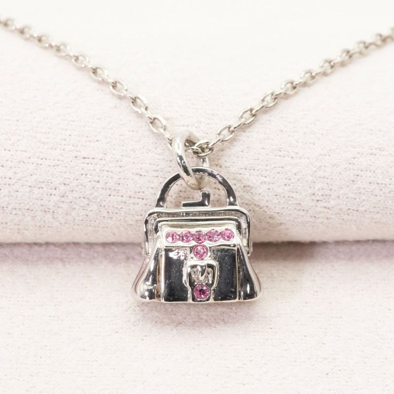 Celine Bag Shape Necklace Silver Pink Stone Bag 24-4636
