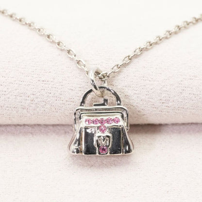 Celine Bag Shape Necklace Silver Pink Stone Bag 24-4636