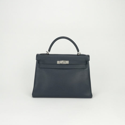 Hermes Kelly 32 Tote Shoulder Bag Blue Indigo Navy Silver Veau Epsom