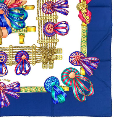 Hermes Carre 90 Lesrubansducheval Horse Ribbon Scarf Blue And Multicolor 100%