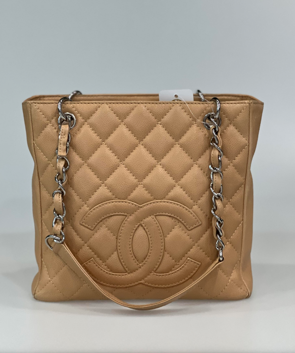 Chanel Caviar Skin PST Beige Coco Mark Chain Tote Bag 12s
